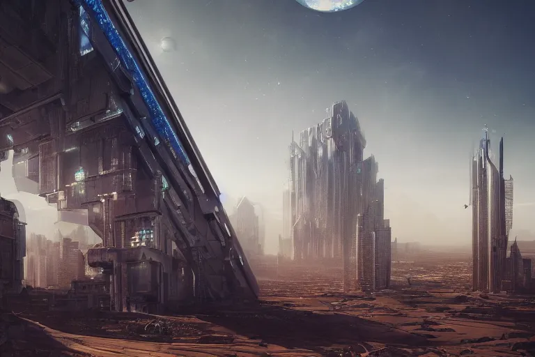 Image similar to majestic cyberpunk structure, space elevator, architecture of purification, virtual installation, ancient atmosphere, trending on artstation, behance, octane render, award winning, archviz, matte painting, sunrays, ethereal, desert, masterpiece, epic