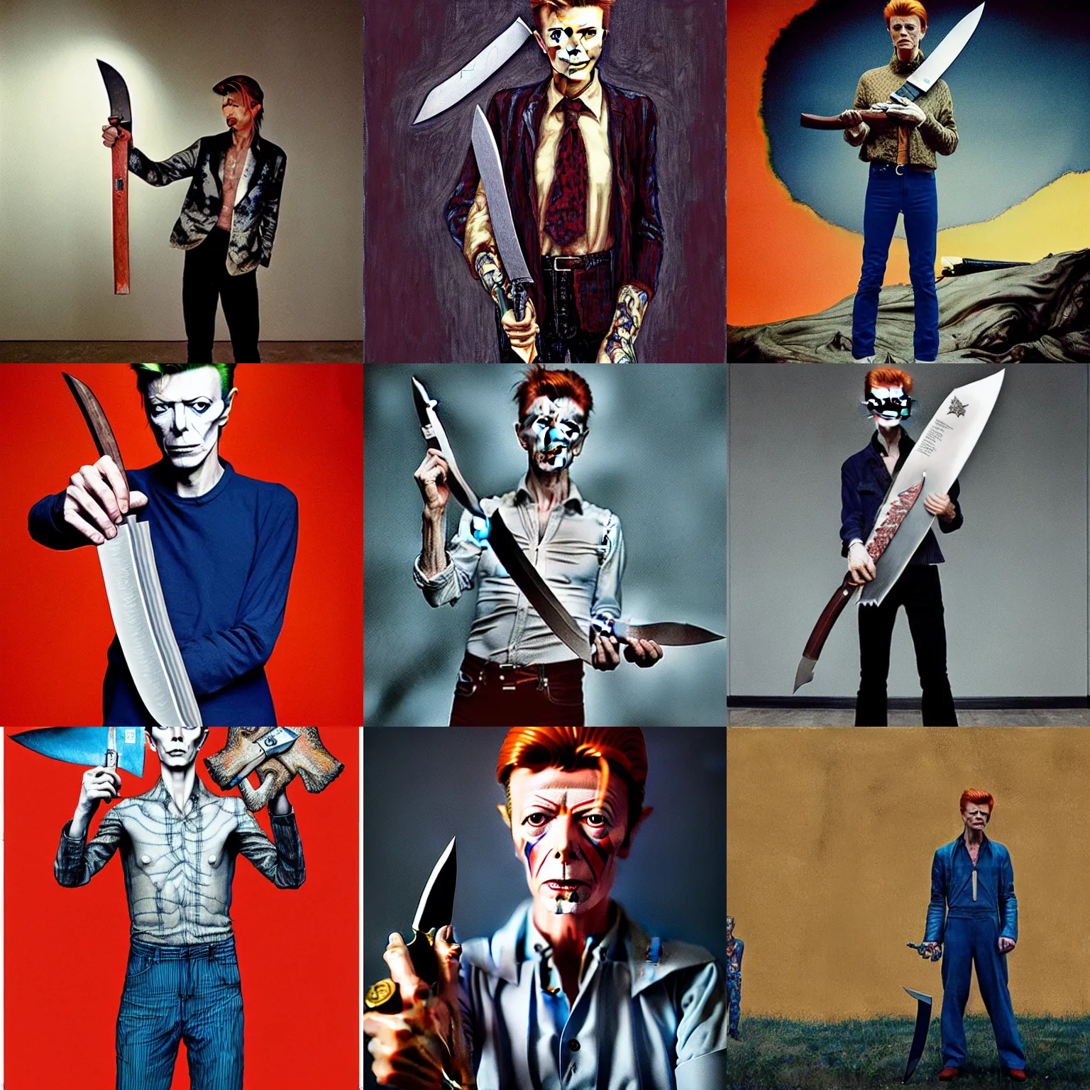 Prompt: David Bowie holding a Bowie knife, art by james jean and gregory crewdson