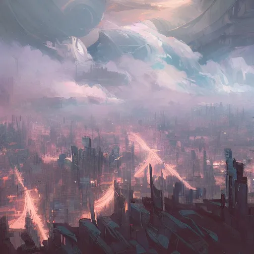 Prompt: A city in the clouds, surrounded by stormy weather, digital painting, concept art, artstation, 4k, by James Jean and Andrew Jones