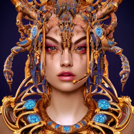 Prompt: portrait of demon goddess with perfect skin, glowing, ornate and intricate blue jewelry, jaw dropping beauty, glowing background lighting, white accent lighting, hyper detailed, 4 k octane render