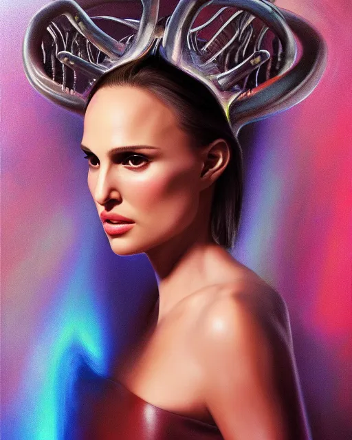 Image similar to Natalie Portman, wearing alien antennae headband, very detailed portrait, ultrarealistic, dramatic lighting, electrical details, high details, 4k, 8k, best, accurate, trending on artstation, fur, artstation, photorealism, ultrarealistic, digital painting, style of Dali, Caravaggio, Boris Vallejo