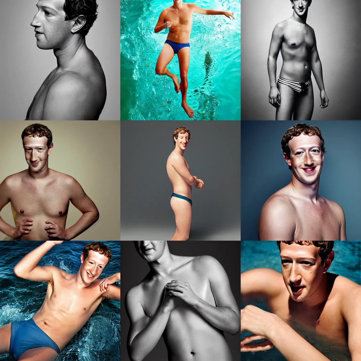 Prompt: Photo of Mark Zuckerberg in swimsuit, soft studio lighting, photo taken by Martin Schoeller for Abercrombie and Fitch, award-winning photo, 24mm f/1.4
