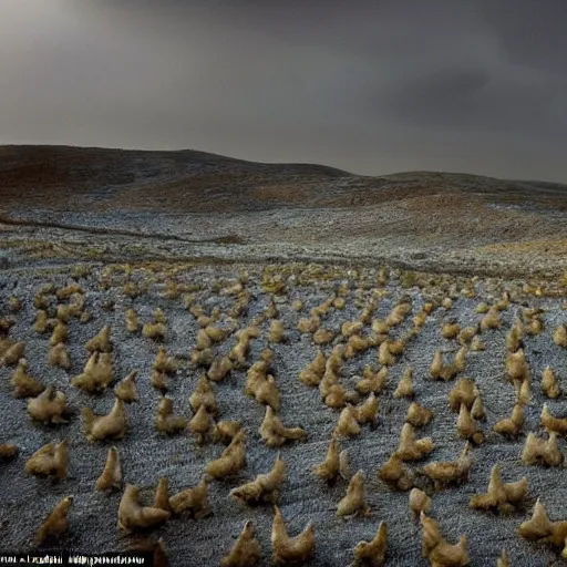 Image similar to a dreamlike landscape where all the hills are made of chicken skin and they have those little bumps and look kind of damp