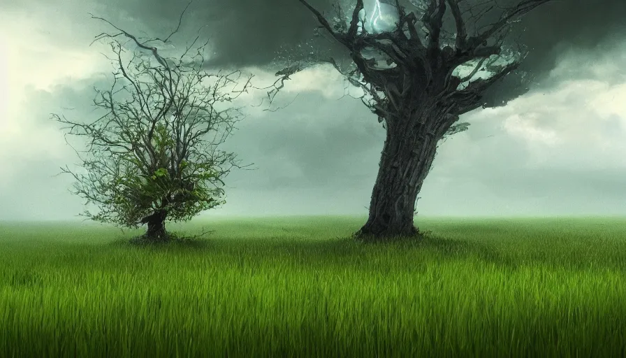 Prompt: Lightning strike a tree in a middle of a green field during a storm, hyperdetailed, artstation, cgsociety, 8k