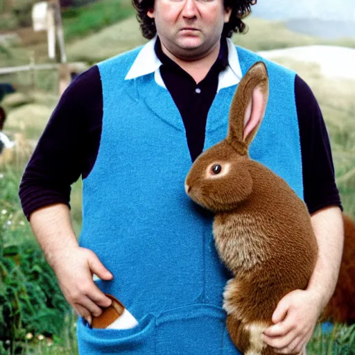 Prompt: frowning clean shaven pudgy British lad with short curly dark brown hair as a hobbit wearing a white men's crossbody sling chest bag and blue vest standing next to a giant rabbit, blue vest! white crossbody chestbag! high resolution film still, movie by Peter Jackson