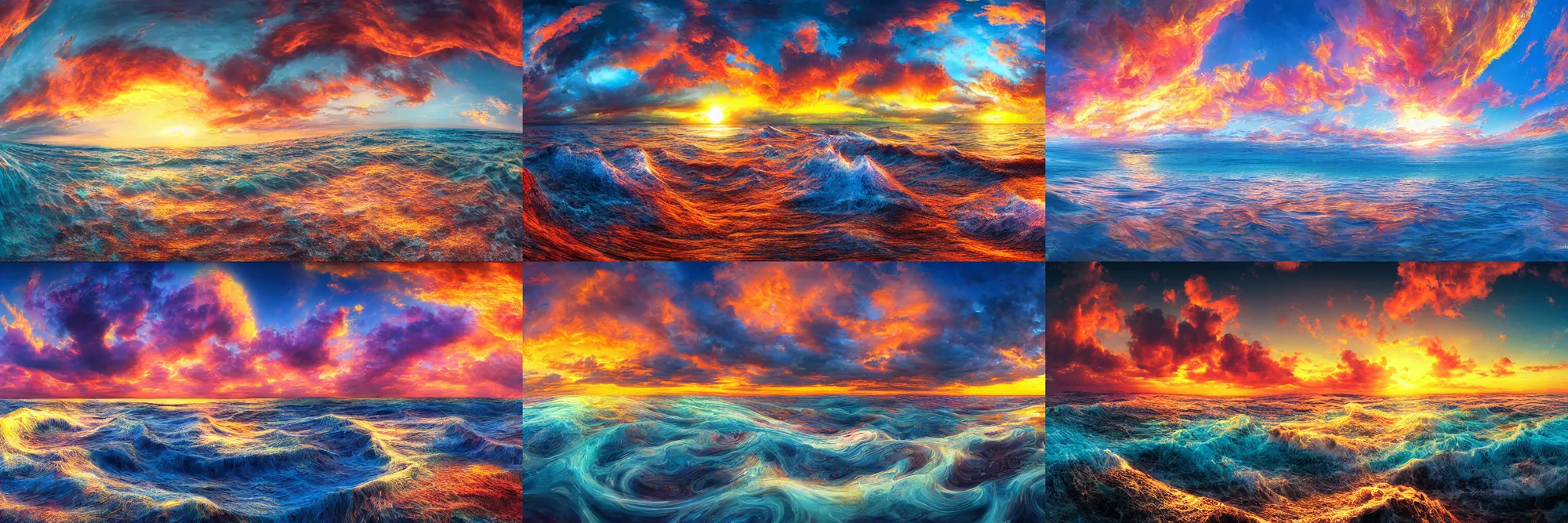 Prompt: sperical hdri map, epic psycedelic realm, ocean, mattepainting, octane, warm sundown, fall vibrancy, swirly clouds, by lisa frank, by wu daozi, by wlop, by namek