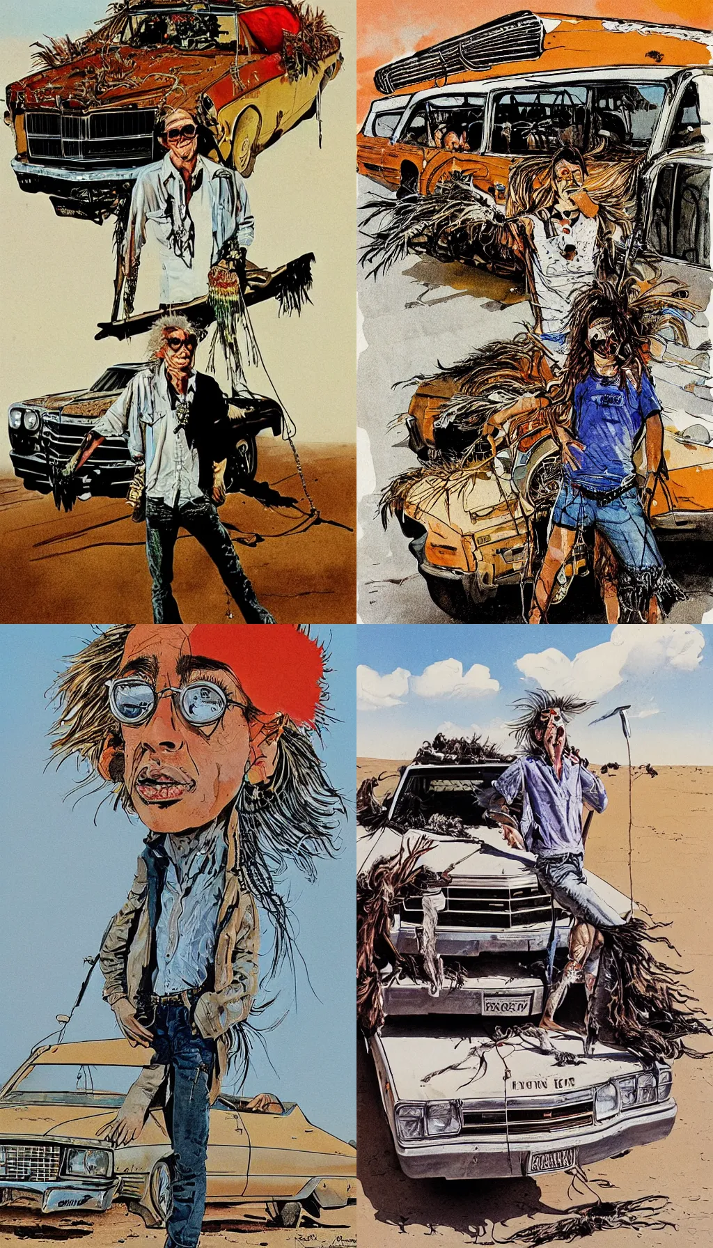 Prompt: ralph steadman illustration of a young man with a feathered mullet and a dangle earring, standing in front of an old el camino car, desert landscape, panting, film grain, surreal