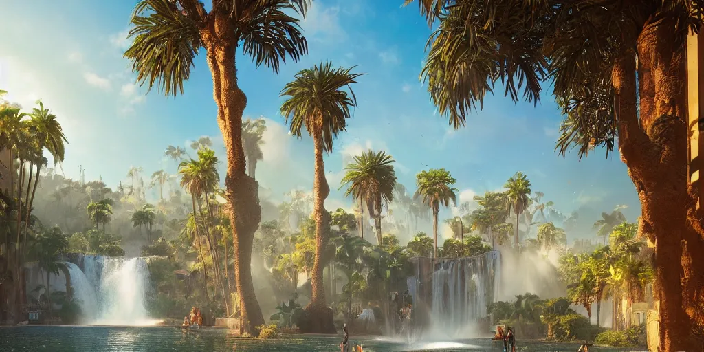 Image similar to beautiful oasis waterfalls surrounded by palm trees, moroccan tile archways, date trees, ivory towers, sun setting, ross tran, nephilim, pyroclastic flow, ethereal, fantasy, james jean, oozium, peter morbacher angelarium alchemy luxury heavenly light soft illumination, trending on artstation, cinematic lighting, digital painting, octane render, artgerm