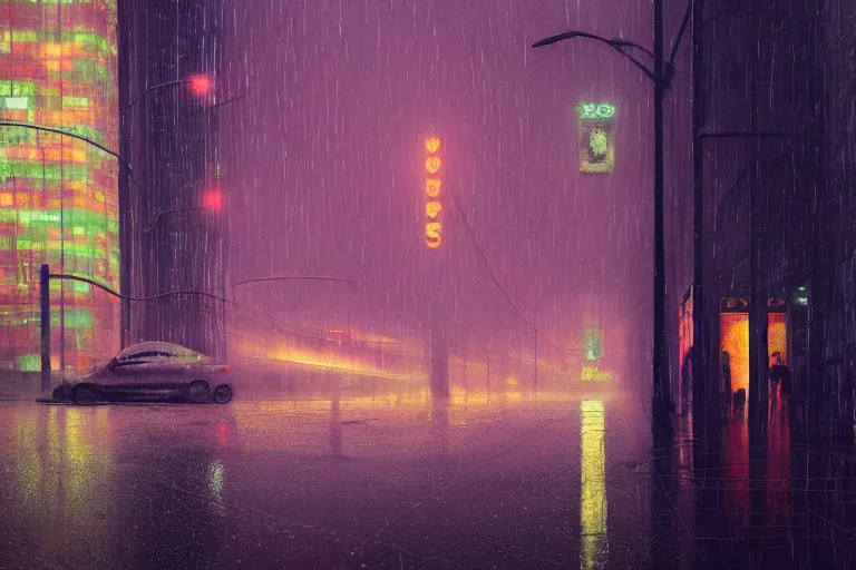 Image similar to city slow exposure, rain like a dream, oil painting, cinematic, surreal, dramatic, otherworldly, dreamlike, soft volumetric lighting, cyberpunk, basquiat + moebius + francis bacon + gustav klimt + beeple, elevated street art, fantasy lut, textural,