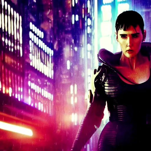 Image similar to jennifer connelly starring in a cyberpunk movie in a distopic futuristic city in the style of bladerunner, movie still, highly detailed, rainy night, volumetric lights, dramatic, scifi, sharp focus