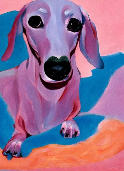 Image similar to Pink and Blue dachshund, painted by Georgia O'Keeffe