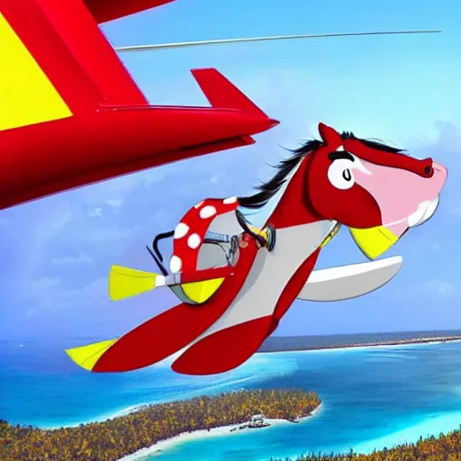 Image similar to a cartoon horse got on top of the roof of a plane, and flies it to the maldives, the islands, style of cartoon, disney studio,