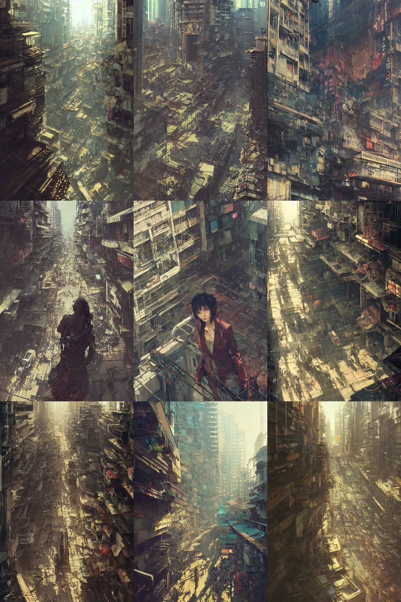 Image similar to ultra realistic beautiful apocalyptic cyberpunk kowloon balcony techno art, lots of signs, art by krenz cushart, wlop, yoji shinkawa, greg rutkowski, alphonse mucha, yuxiang chen, intricate, elegant, highly detailed, digital art, artstation, concept art, smooth, sharp focus, illustration, beautiful sunlight and shadows