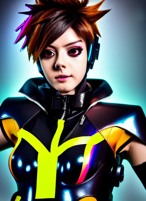 Prompt: hyperrealistic style portrait of tracer overwatch, confident pose, wearing black iridescent rainbow latex, rainbow, neon, 4 k, expressive happy smug expression, makeup, wearing detailed black leather collar, wearing sleek armor, studio lighting, black leather harness, expressive detailed face and eyes,