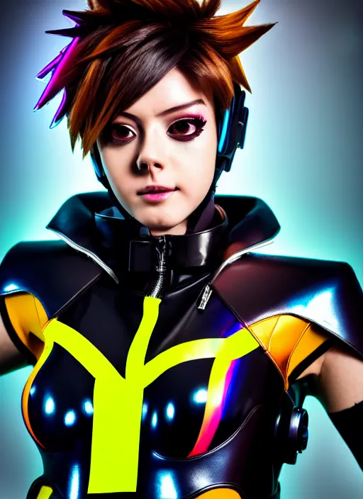 Image similar to hyperrealistic style portrait of tracer overwatch, confident pose, wearing black iridescent rainbow latex, rainbow, neon, 4 k, expressive happy smug expression, makeup, wearing detailed black leather collar, wearing sleek armor, studio lighting, black leather harness, expressive detailed face and eyes,