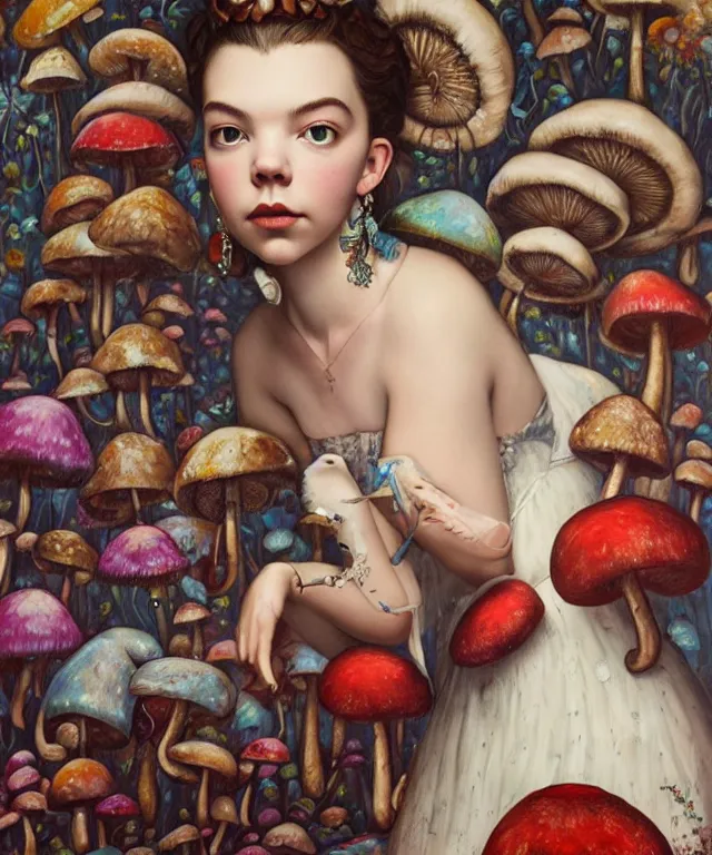 Prompt: portrait of Anya Taylor-Joy in wonderland, giant mushrooms, lowbrow painting by Mark Ryden