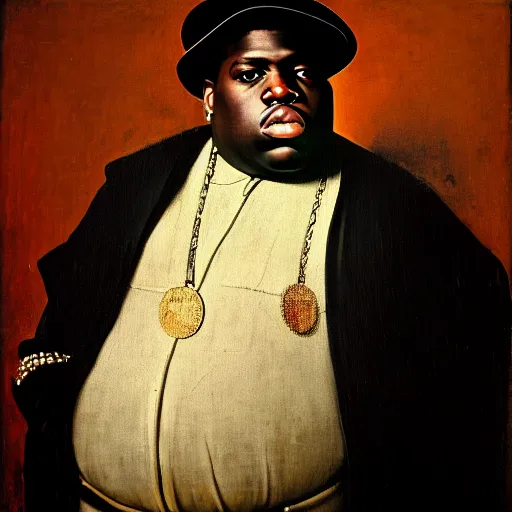 Prompt: high quality celebrity portrait of biggie smalls painted by the old dutch masters, rembrandt, hieronymous bosch, frans hals