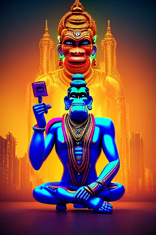 Image similar to high quality 3 d render colorful cyborg! hanuman sitting, gold madhubani, highly detailed, cyberpunk!! mumbai in the background, unreal engine cinematic smooth, szukalski & blade runner, moody neon light, low angle, uhd 8 k, sharp focus