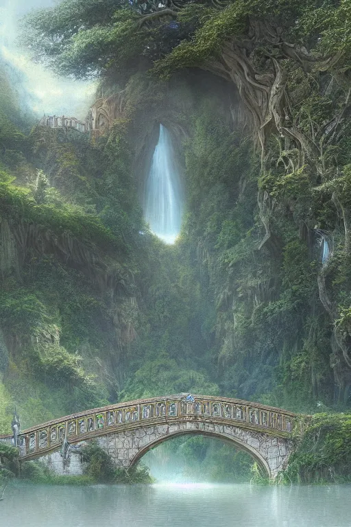 Prompt: Rivendell in the evening, detailed matte painting, cinematic, Alan Lee, Artstation