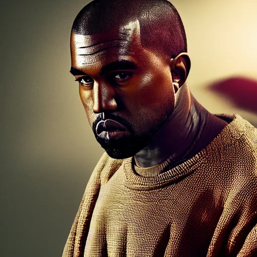 Image similar to Portrait of Kanye West as a cyborg, splash art, cinematic lighting, dramatic, octane render, long lens, shallow depth of field, bokeh, anamorphic lens flare, 8k, hyper detailed, 35mm film grain