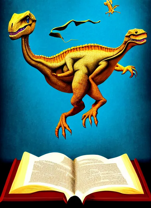 Prompt: dinosaur dancing with a giant book, aesthetic, fine art, intricate, elegant, highly detailed, realistic hair, centered, digital painting, art station, conceptual art, soft, sharp focus, illustration, artwork, salvador dali