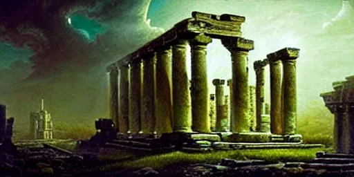 Image similar to beautiful hyperrealistic epic painting of a mysterious intricate cloclwork ruins of the ancient temple, advanced alien technology, a green glowing crystal is inside the temple, by hubert robert and lee madwick and bastien lecouffe deharme, dramatic moonlight lighting