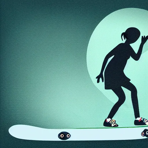 Image similar to illustrator graphic of a teenage girl pushing a skateboard elevation side view