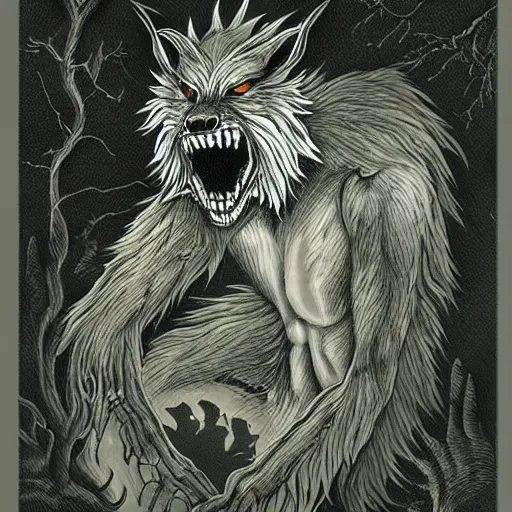 Image similar to ghoul wolf, cryptid, creature, horror art