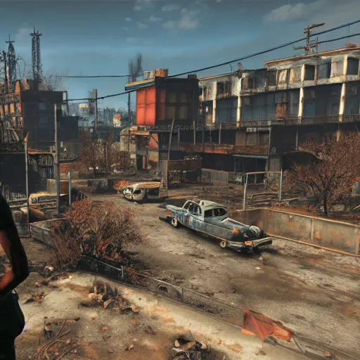 Image similar to Albuquerque, New Mexico in ruins post-nuclear war in Fallout 4, in game screenshot