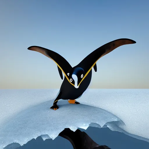 Image similar to penguin surfing on a big eave using an ice floe as surfboard, trending on artstation