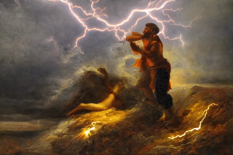 Image similar to a bereaved artist as his canvas gets struck by lightning, oil painting, extremely detailed, museum art