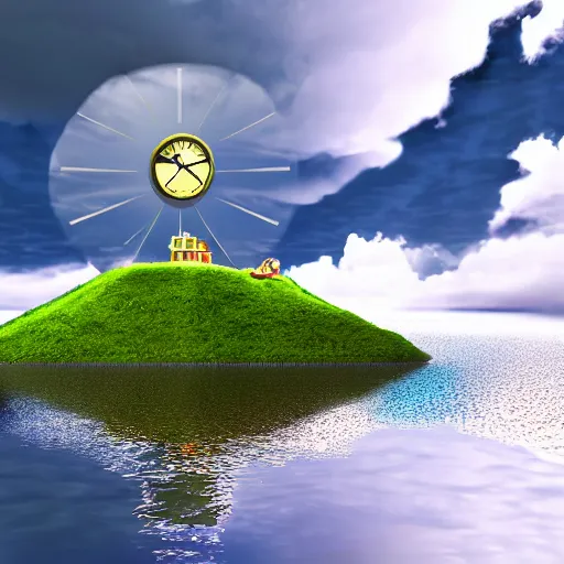 Image similar to a clock floating on an floating island, there are clouds around, it is on earth, on the background there are other floating islands too, floating at the ozone layer, cartoony, 4 k resolution, award winning