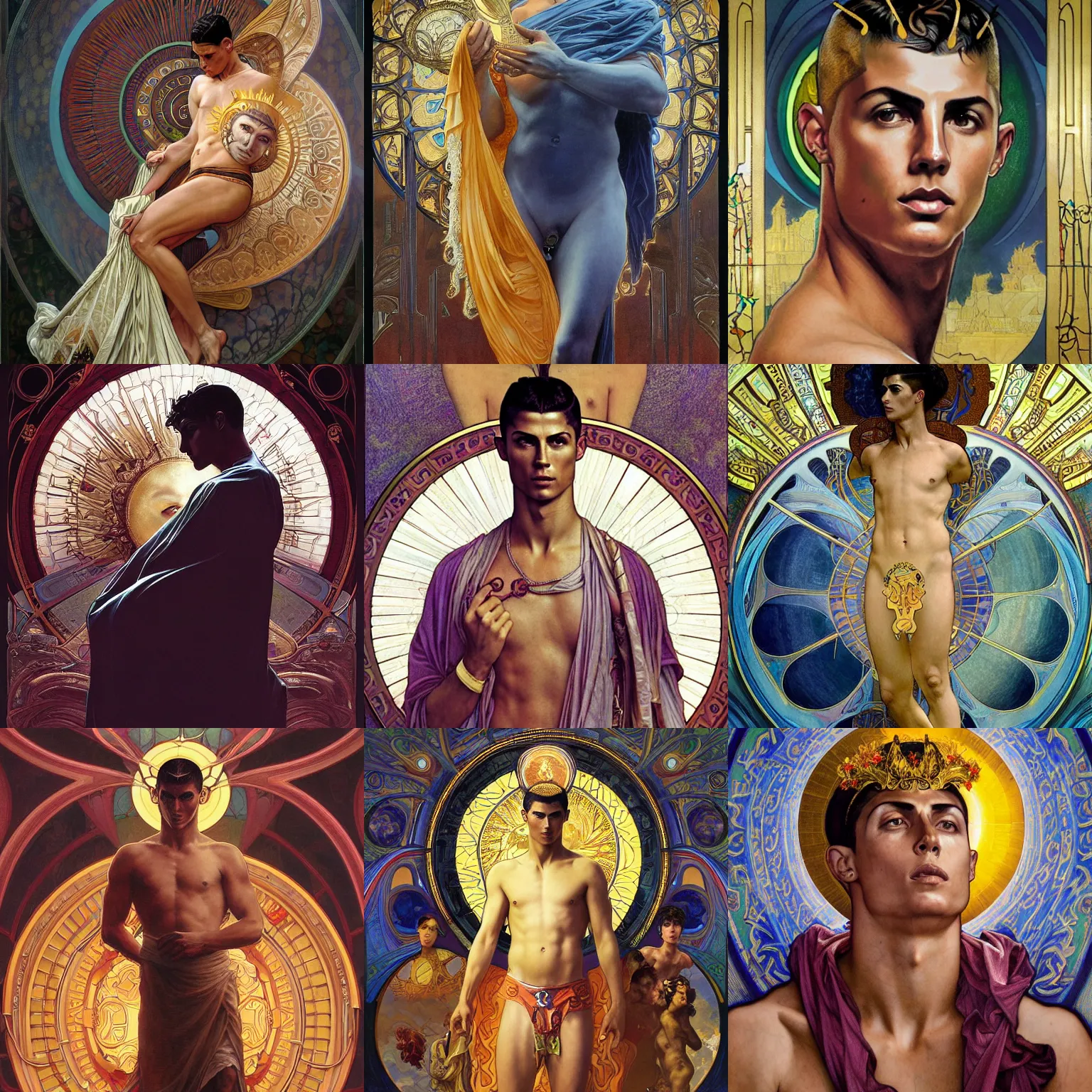 Prompt: is a stunning, breathtaking, awe-inspiring award-winning conceptual Art Nouveau painting with an attractive Cristiano Ronaldo as the sun god, with disturbing, piercing eyes, Alphonse Mucha, Michael Whelan, William Adolphe Bouguereau, John Williams Waterhouse and Donato Giancola, cyberpunk, extremely gloomy lighting, shining light and shadow, atmospheric, cinematic, unreal Engine, 8K