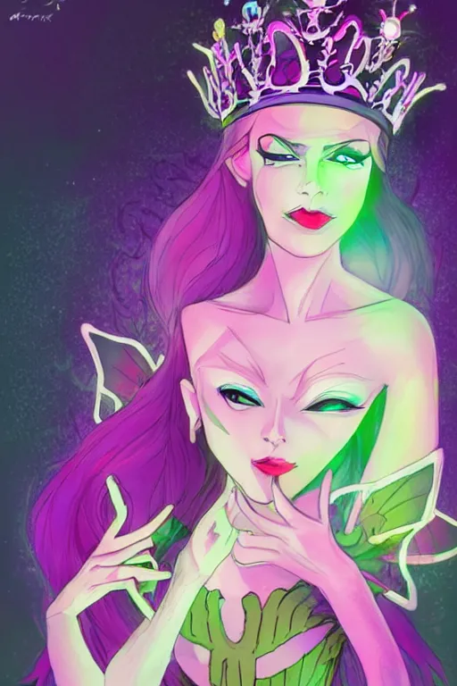 Image similar to vivid colors, bio-luminescent beautiful mysterious evil fairy queen, wearing a crown, in deep black darkness, shining eyes, face by otto schmidt