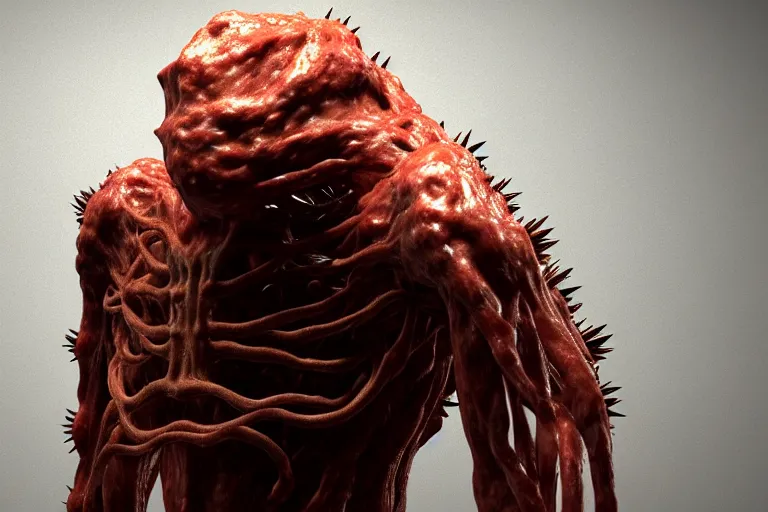 Image similar to creature made out of a humanoid nervous system with large meaty spikes all over the body, cinematic, volumetric lighting, f 8 aperture, cinematic eastman 5 3 8 4 film, photorealistic