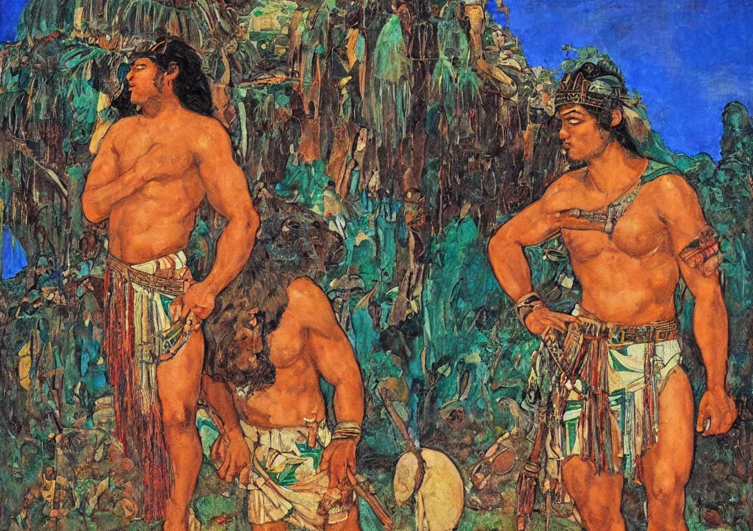 Prompt: a polynesian greek god searching through the streets of an abandoned village, sparse detail, complementary color scheme, by george luks, mati klarwein and moebius