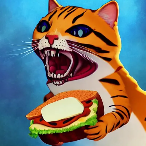 Image similar to deeply scared cat running away from the giant carnivorous sandwich, artstation hq, dark phantasy, stylized, symmetry, modeled lighting, detailed, expressive, true unsimulated emotions, created by hayao miyazaki