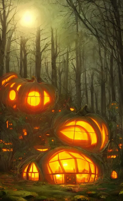 Prompt: a giant pumpkin house in the middle of a forest at night, the lights are on, dynamic lighting, photorealistic fantasy concept art, trending on art station, stunning visuals, creative, cinematic, ultra detailed