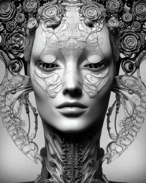 Image similar to mythical dreamy black and white organic bio-mechanical spinal ribbed profile face portrait detail of translucent steampunk beautiful female angelic-human-queen-vegetal-cyborg, highly detailed, intricate trnaslucent ivy jelly ornate, poetic, translucent roses ornate, 3D render, digital art, octane render, 8K artistic photography, photo-realistic, by Dora Maar