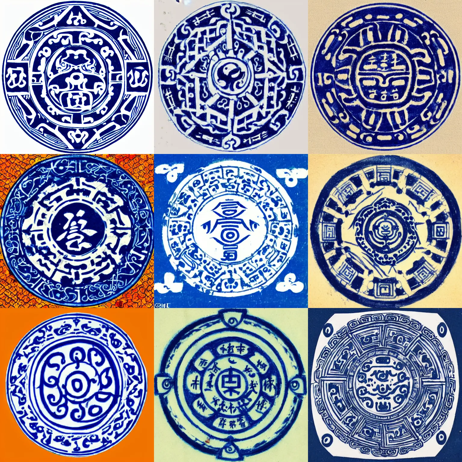 Prompt: blue - and - white drawing of the seal of the maha yana ( chinese afterdeath )