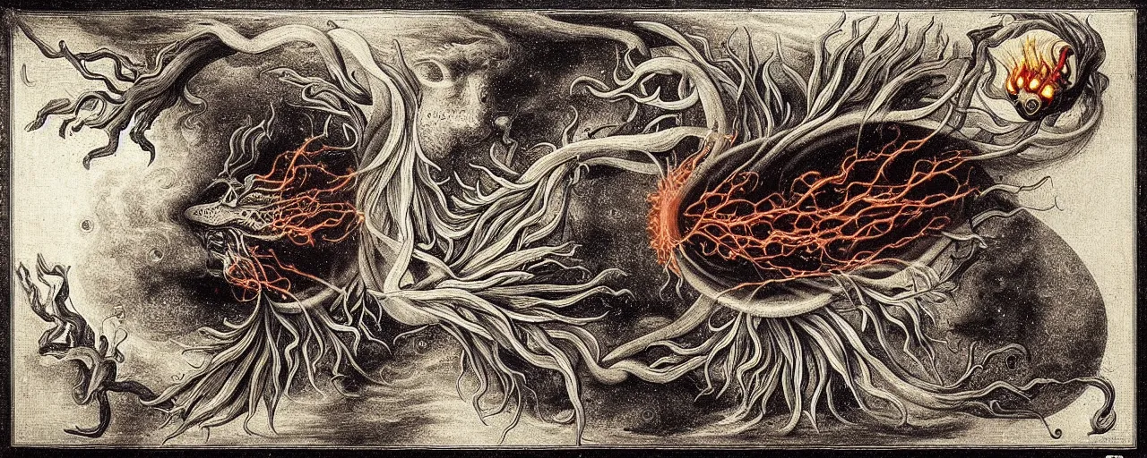 Image similar to a strange fire creature with endearing eyes radiates a unique canto'as above so below'while being ignited by the spirit of haeckel and robert fludd, breakthrough is iminent, glory be to the magic within, in honor of saturn, painted by ronny khalil