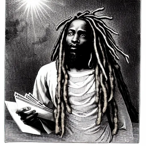 Image similar to black man with dreads ascending into heaven holding stacks of cash, biblical image, style of gustave dore, highly detailed, beautiful, high contrast, black and white