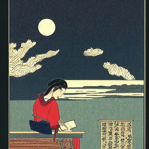 Image similar to a person sitting on a bench reading a book at night, a storybook illustration by steve brodner, deviantart, ukiyo - e, storybook illustration, photo, woodcut