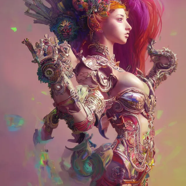 Image similar to studio portrait of colorful female divine mech dancer as absurdly beautiful, elegant, young sensual gravure idol, ultrafine hyperrealistic detailed face illustration by kim jung gi, irakli nadar, intricate linework, sharp focus, bright colors, matte, octopath traveler, final fantasy, unreal engine highly rendered, global illumination, radiant light, intricate environment