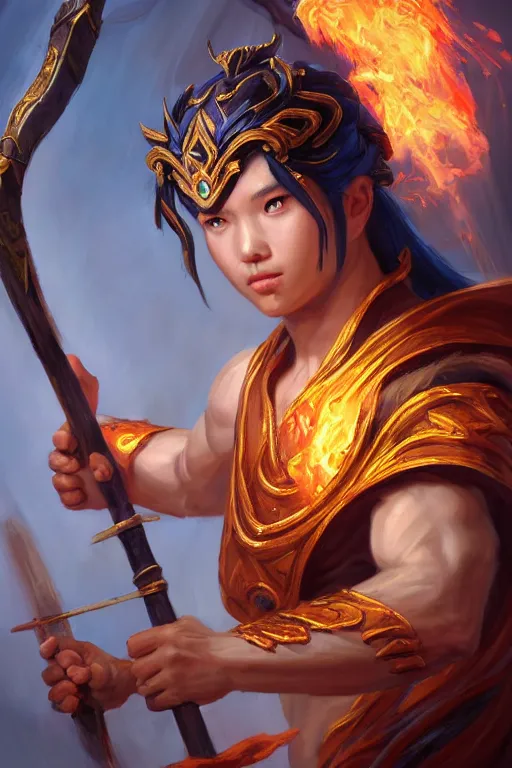 Image similar to a masterpiece portrait of nezha, legendary god holding spear, boy, flame everywhere, epic pose, fantasy character portrait, closeup shot, hyper detailed, digital painting, 8 k realistic, trending on artstation, sharp focus, dof, by fenghua zhong, artgerm, ne zha from smite, jeff easley, raymond swanland