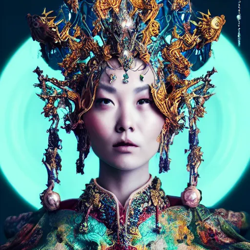 Image similar to a beautiful empress portrait, with a brilliant, impossible striking big cosmic galaxy headpiece, clothes entirely made out of cosmos chaos energy, symmetrical, dramatic studio lighting, rococo, baroque, jewels, asian, hyperrealism, closeup, D&D, fantasy, intricate, elegant, highly detailed, digital painting, artstation, octane render, 8k, concept art, matte, sharp focus, illustration, art by Artgerm and Greg Rutkowski and Alphonse Mucha