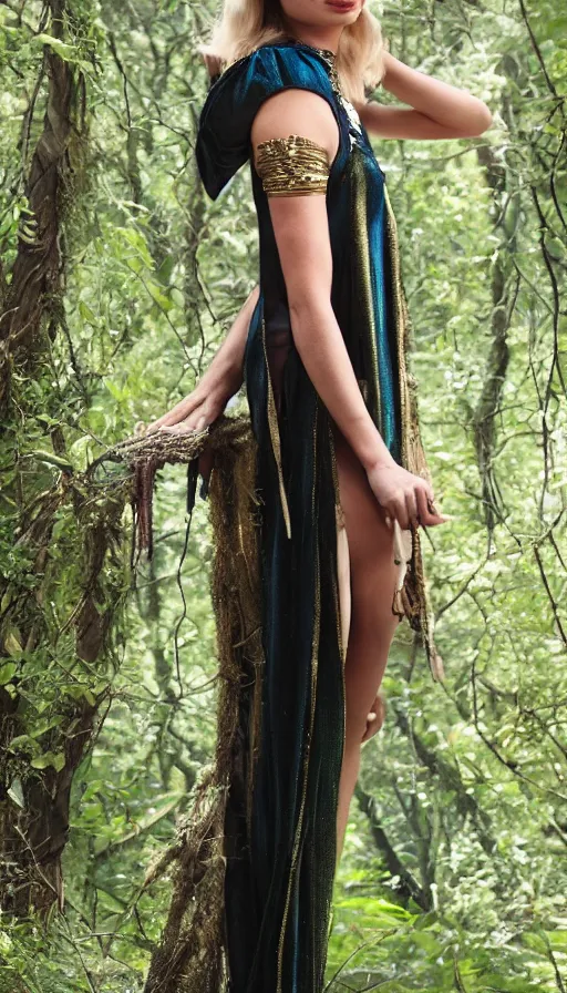 Image similar to beautiful margot robbie cosplaying as cleopatra, photo in a forest, barefoot