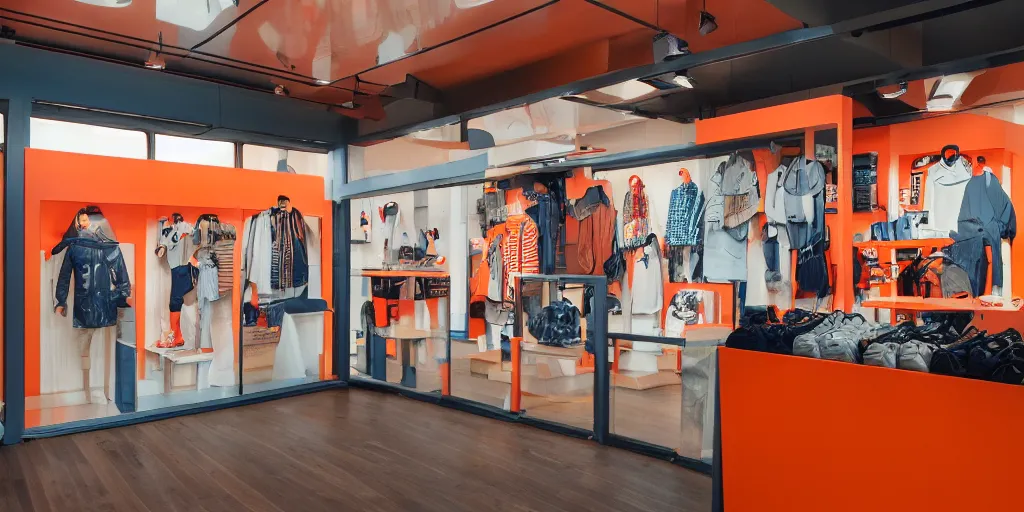 Image similar to New Balance Pop Up store, orange details, wood interior of staten ferry, ferry windows, cinematic lighting