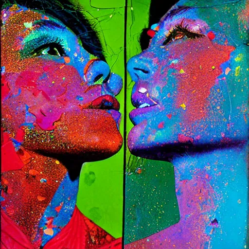 Prompt: double exposure of two women kissing ( closeup ) and a psychedelic painting, lomography. this photograph is subsequently printed out and splattered with paint. mixed media collage art with magazines and found art