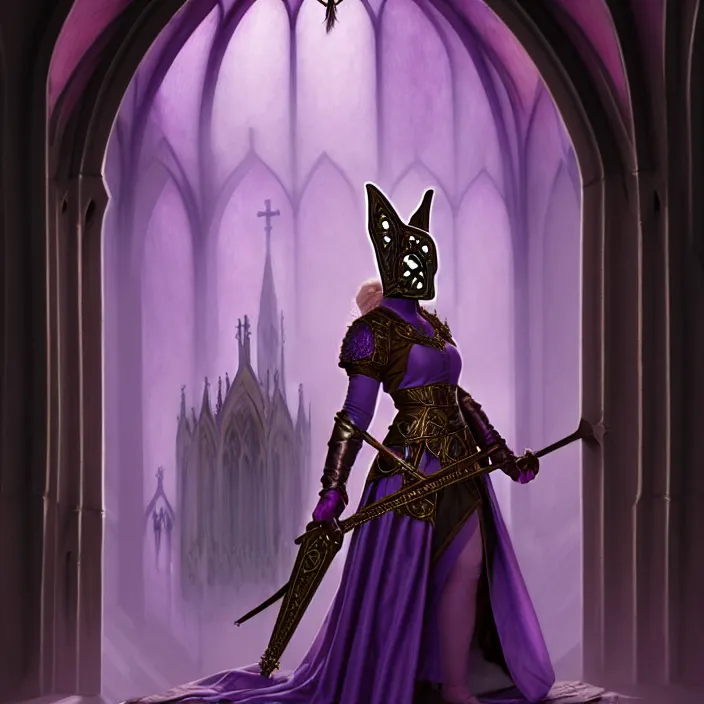 Image similar to masked d & d bard with her lilac leather armor in a cathedral, volumetric lighting, fantasy, intricate, elegant, highly detailed, lifelike, photorealistic, digital painting, artstation, fox ears illustration, concept art, sharp focus, by john collier and albert aublet and krenz cushart and artem demura and alphonse mucha